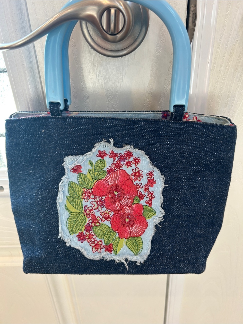 Denim Tote Bag with Blue Handles and Red Floral Patch